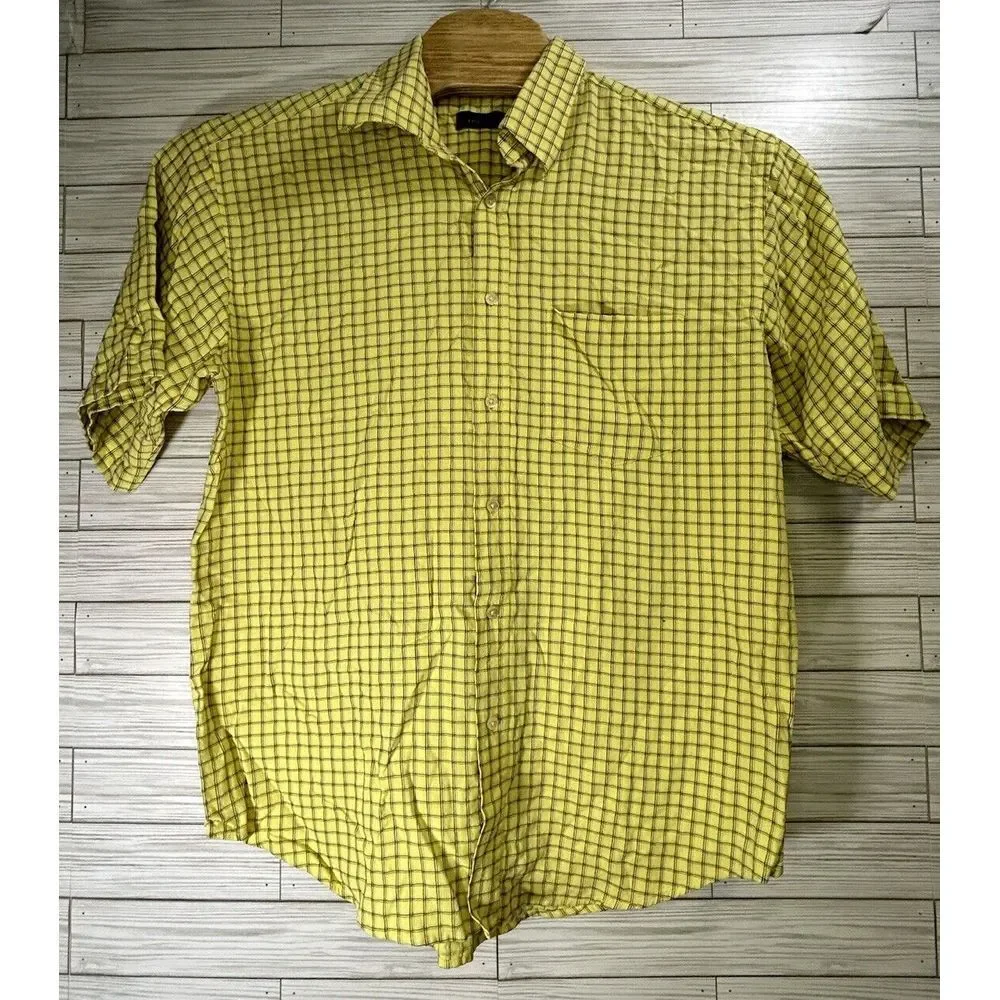 Bugatchi Uomo Men's Button Front Short Sleeve Yellow Brown‎ Green Check Size XL